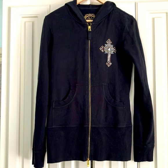 V Cristina Medium Hooded Velour Zip Up Sweater Jacket With Jeweled Designs - Picture 1 of 3